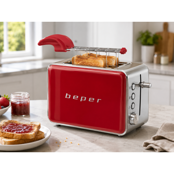2-Slice Red Toaster Beper BT.001R with Bread