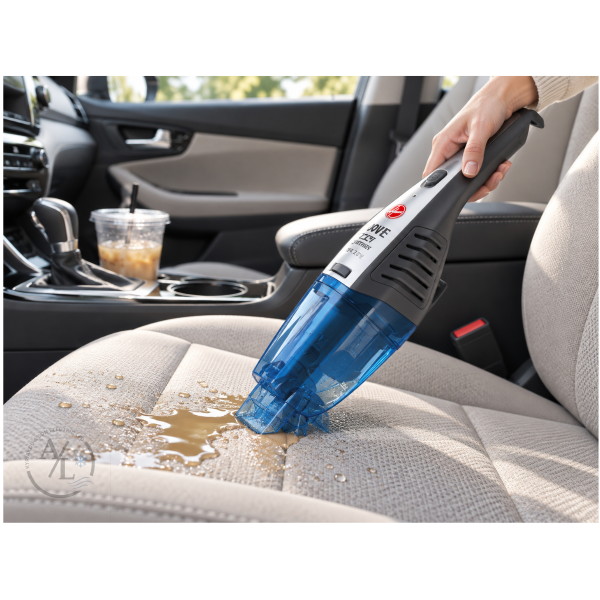 Hoover HJ72WDLB wet and dry handheld vacuum cleaning spilled drink from a car seat