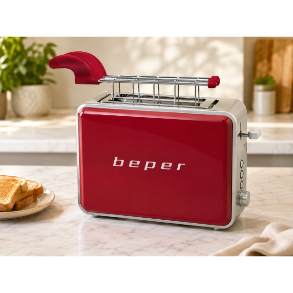 Red 2-Slice Toaster Beper BT.001R in modern kitchen