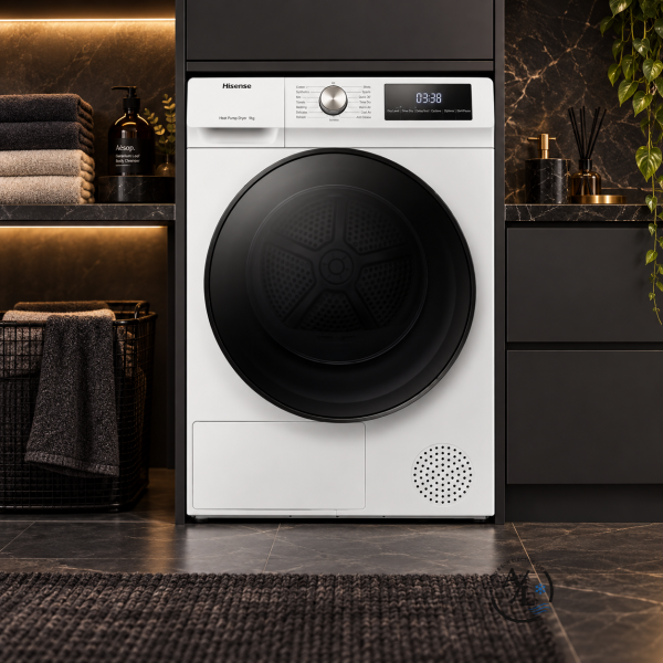 Hisense DHQA902U white dryer in luxury laundry room