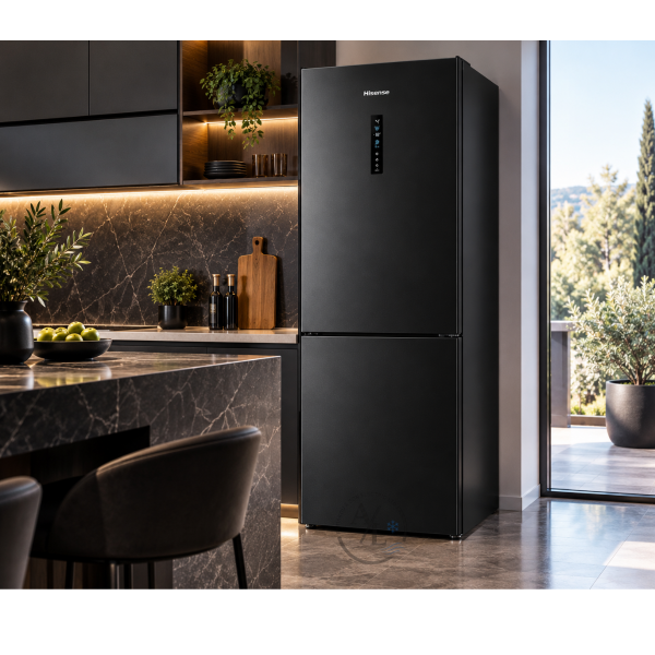 Hisense RB645N4BFE large black combi refrigerator lifestyle kitchen