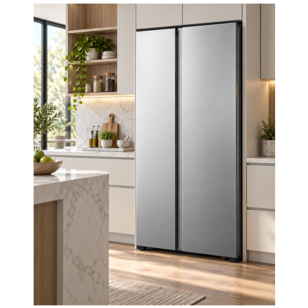 Hisense Side-by-Side Refrigerator 519L Total No Frost Inox RS677N4BIE in modern kitchen