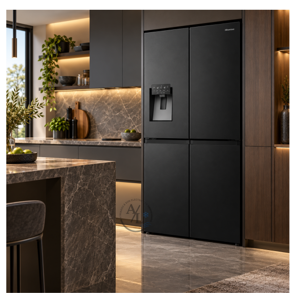 4-Door Refrigerator 585L Black Hisense RQ760N4AFF with Water & Ice Maker in luxury kitchen