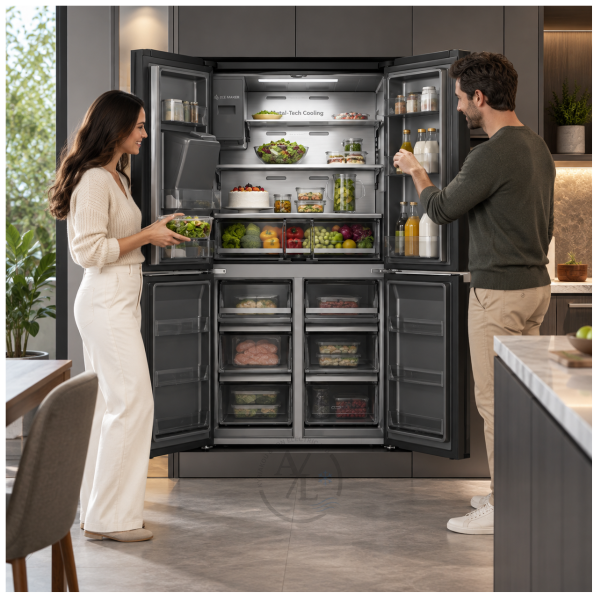 4-Door Refrigerator 585L Black Hisense RQ760N4AFF with Water & Ice Maker in luxury kitchen by Kyriakos Electric