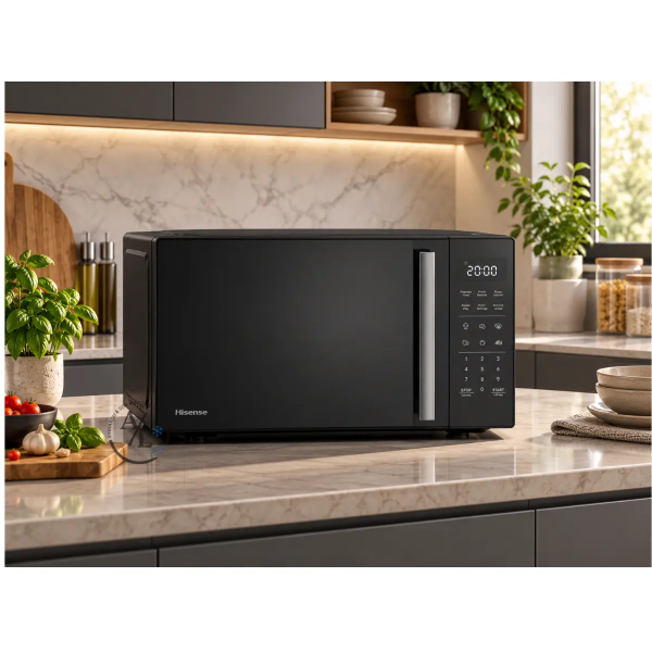 Hisense H23MOBS4HI black microwave oven in modern kitchen