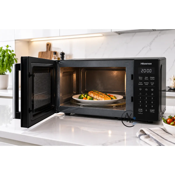 Hisense H23MOBS4HI black microwave oven in modern kitchen open door