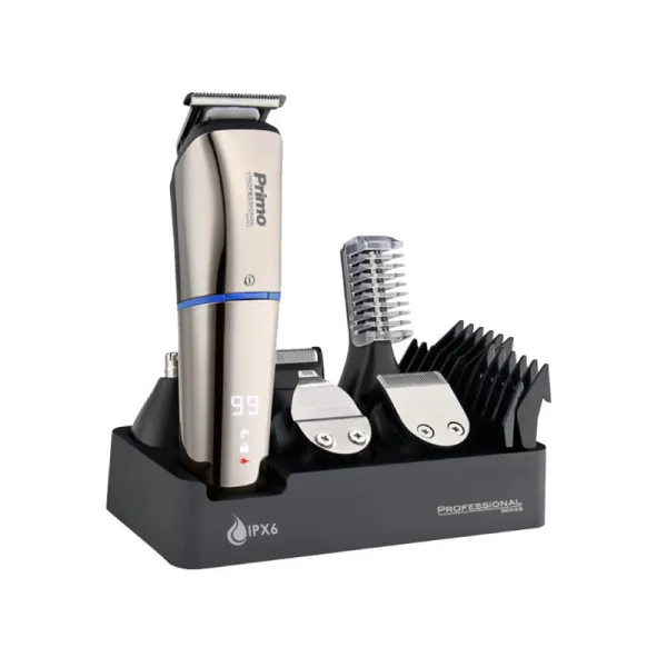 Men's grooming set of 6 different heads: - Wide trimming head - Precision trimming head - Detailing head - Nose/ear grooming head - Body head with special comb - Micro-shaving head 4 different guides for corresponding cutting lengths (3 – 6 – 9 – 12mm) Special cutting guide for the precision head Lithium battery 600mAh 3.7V “Plug & Play” function Charging time: 1 hour Run time: 99 minutes Digital display screen Ergonomic design and “mirror” surface Device & accessories storage base Charger included Protection level: IPX6