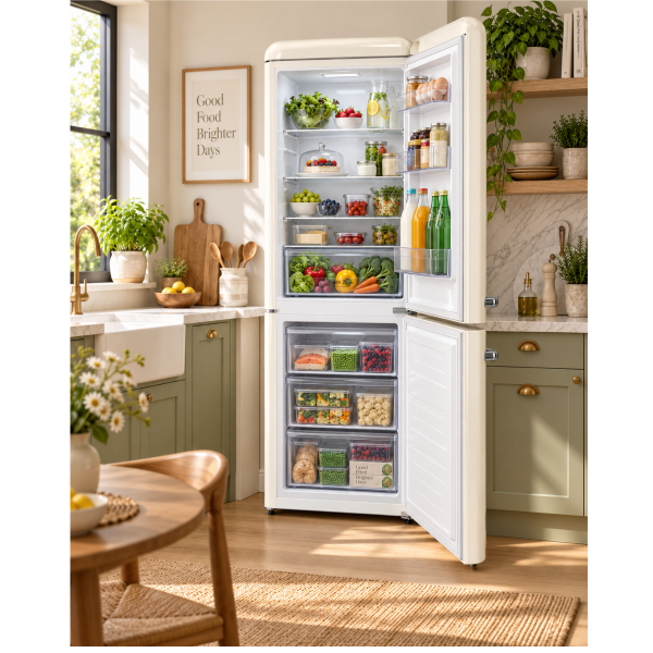 Hisense RB390N4RYD cream retro fridge freezer open in kitchen