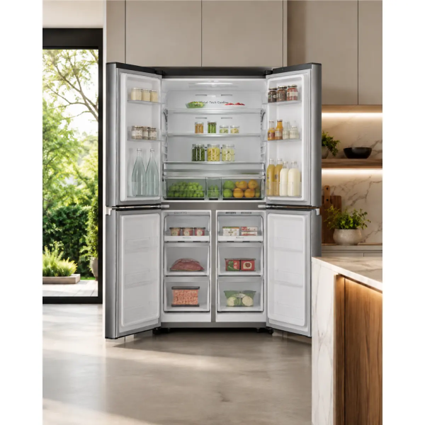 Hisense RQ758N4SBSE 4-Door Refrigerator 609L – Inox in modern kitchen open door