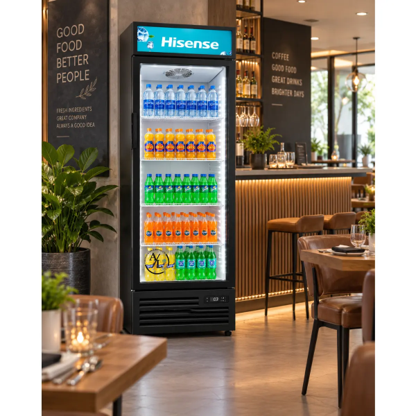 Hisense CPC381N7ABD 380L commercial display fridge in restaurant