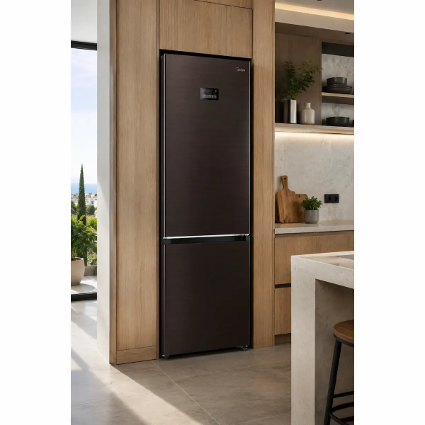 Midea MDRB521MIC45 Dark Inox fridge freezer in modern kitchen