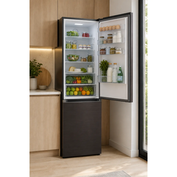 Midea MDRB521MIC45 conby 385l open refrigerator with food inside