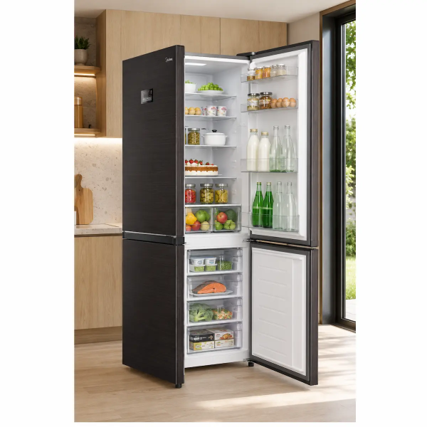 Midea MDRB521MIC45 open refrigerator with food inside