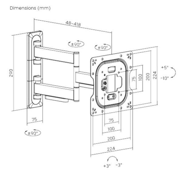 Matestar MAT81-223 TV wall bracket dimensions and adjustable arm diagram