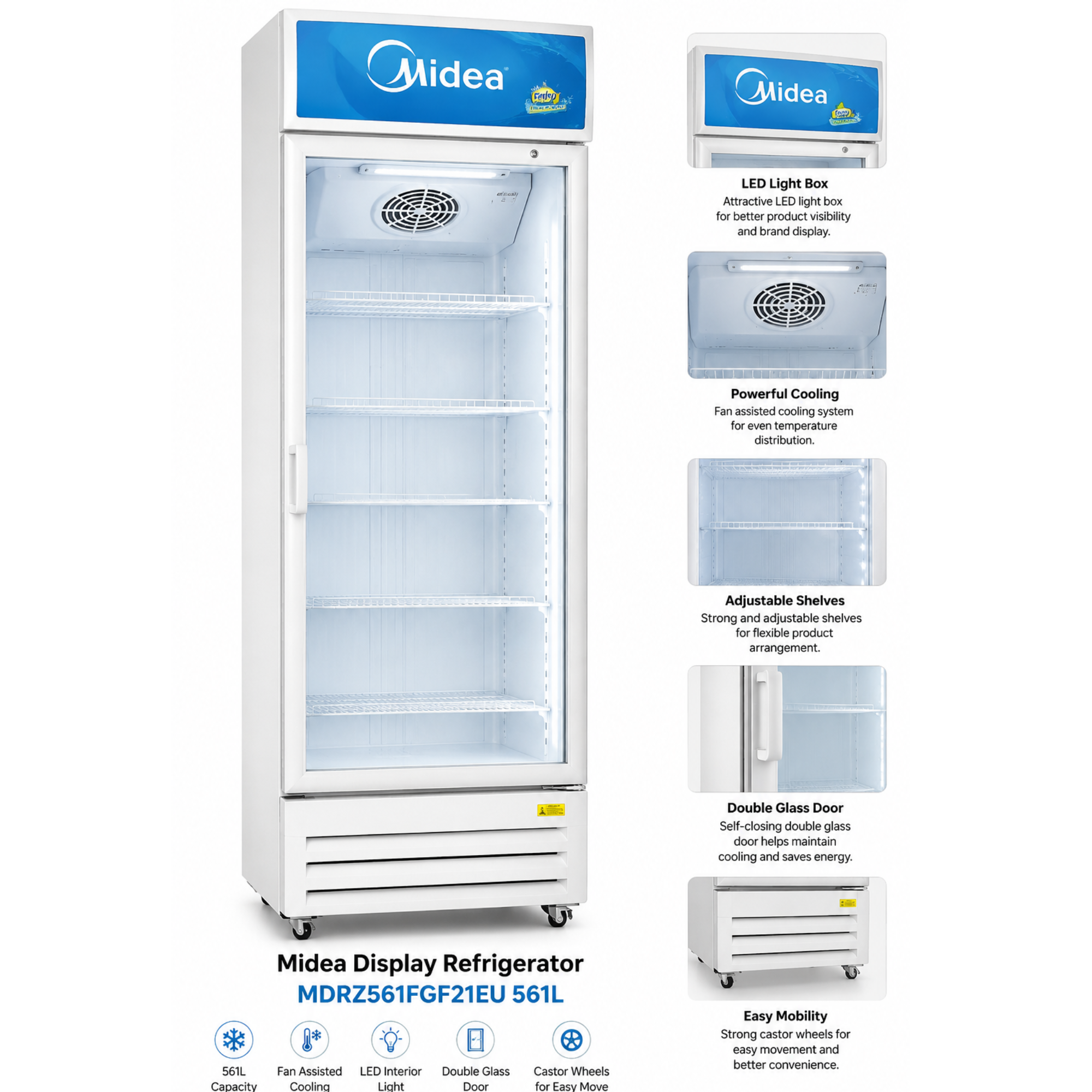 Midea Display Refrigerator MDRZ561FGF21EU 561L glass door commercial fridge