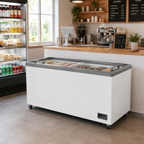 Midea commercial chest freezer with sliding glass lid for kiosk and restaurant
