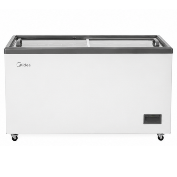 Midea commercial chest freezer with sliding glass lid front view