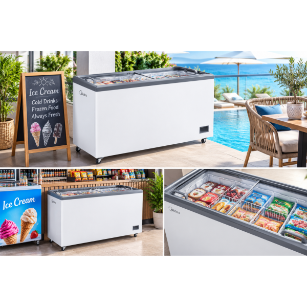Midea glass top commercial freezer on covered veranda
