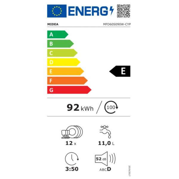 Midea Dishwasher 12 Place Settings inox MFD60S090X-CYP energy Label