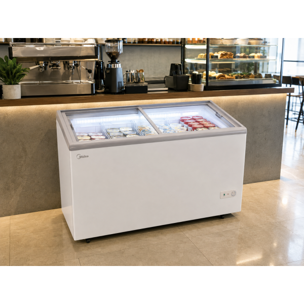Midea Chest Showcase Freezer 295L MDRZ422FZF21EU is a practical commercial display freezer for kiosks, cafés, mini markets