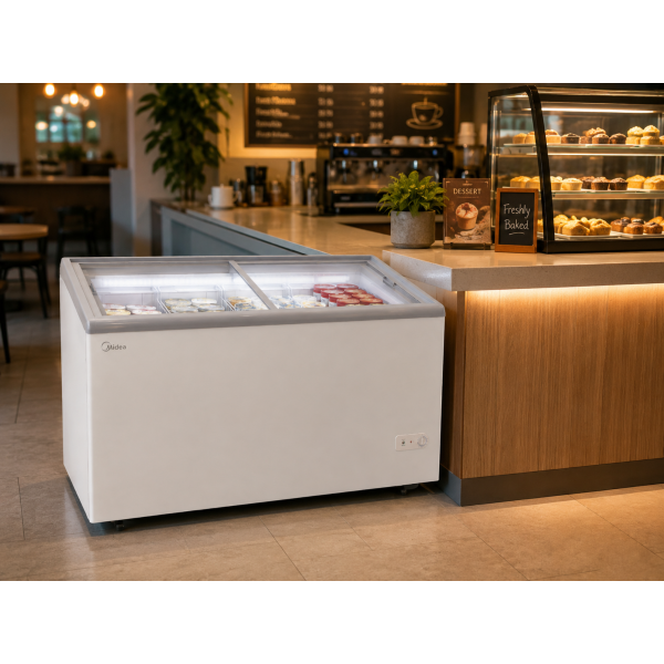 Midea Chest Showcase Freezer 295L MDRZ422FZF21EU is a practical commercial display freezer for shops