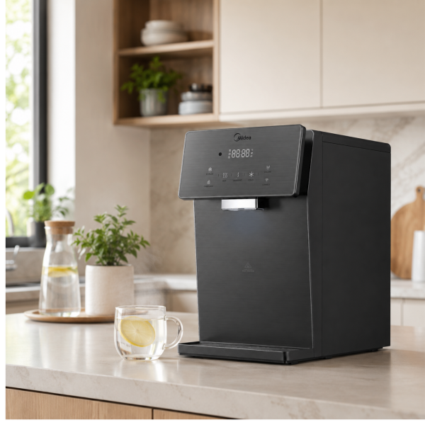Midea Tabletop Hot & Cold Water Dispenser Wi-Fi & UV Dark Inox JL2245T-E-IOT in kitchen