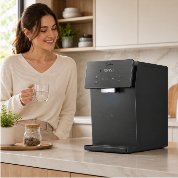 Midea hot and cold water dispenser in modern kitchen with woman JL2245T-E-IOT
