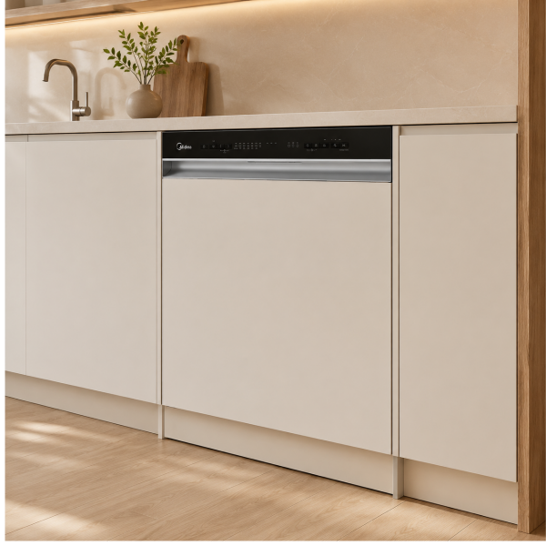 Midea semi-integrated dishwasher 14 place settings WiFi MDWES1433DB-W in modern kitchen