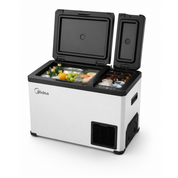Portable Midea fridge freezer with two storage compartments