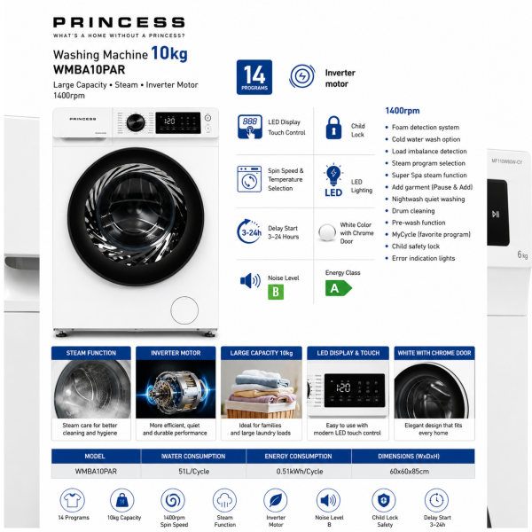 Princess WMBA10PAR washing machine 10kg features steam inverter 1400rpm