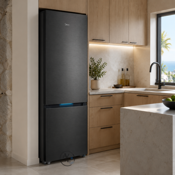 Midea MDRB600MIC45P Space Master 442L Dark Inox fridge freezer in a modern kitchen