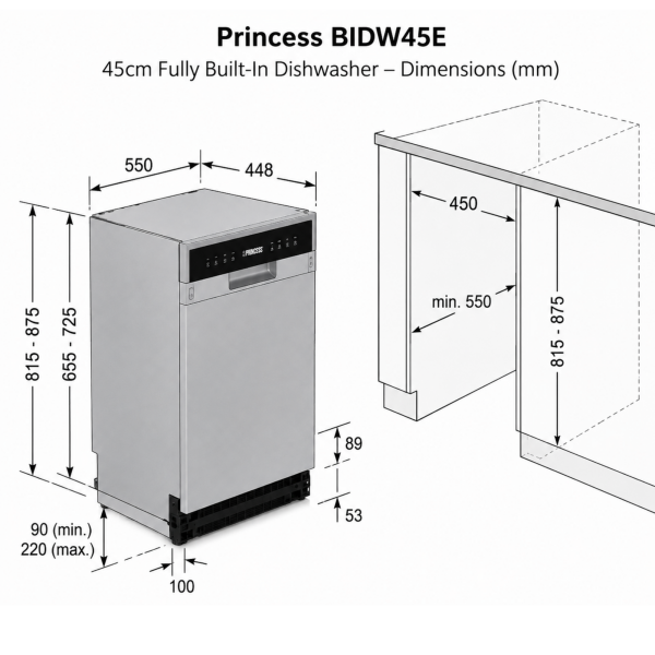 Princess BIDW45E fully built in dishwasher 45cm Dimension