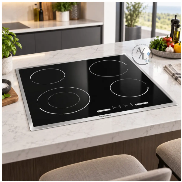Hisense E6432X 4 zone ceramic hob with cookware in modern kitchen in Cyprus