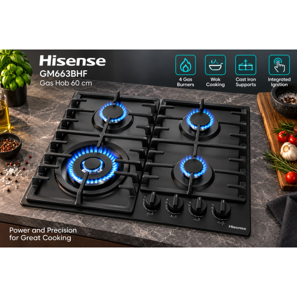Hisense GM663BHF 60cm black gas hob with 4 burners