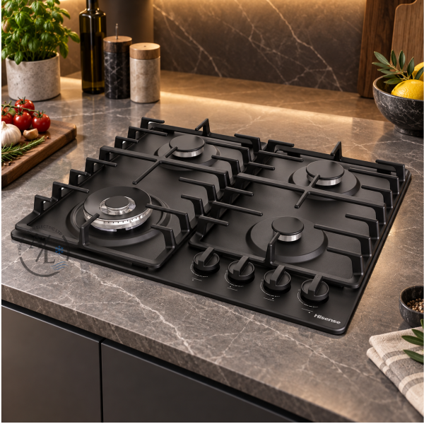Hisense GM663BHF black gas hob installed in modern kitchen