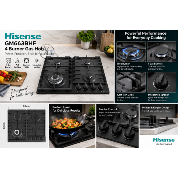 Hisense GM663BHF gas hob with four burners and wok burner in use