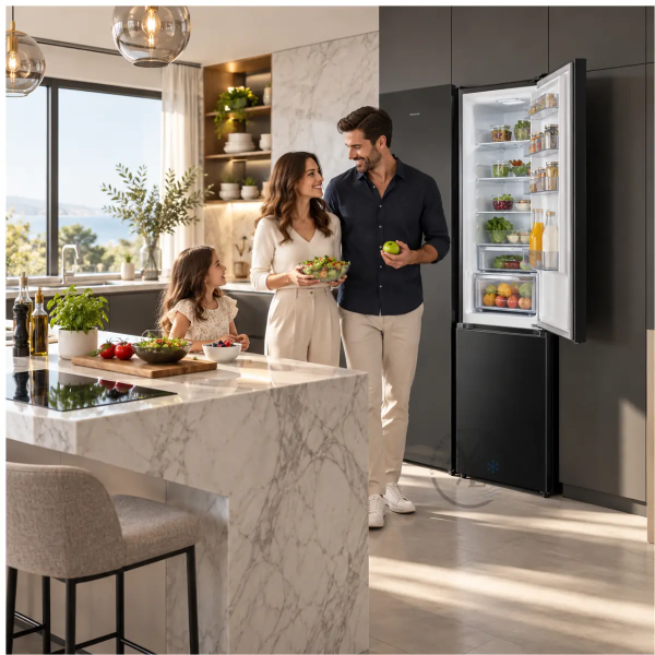 Hisense RB435N4BFE black fridge freezer in modern kitchen