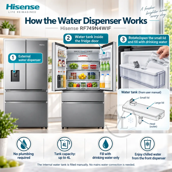 Hisense RF749N4WIF ust fill the internal water tank and enjoy chilled water from the door. (1)