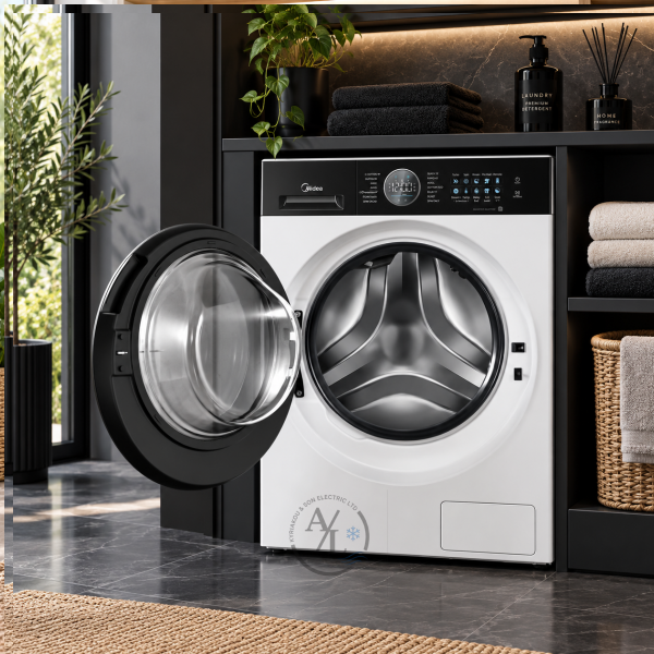 Midea 10kg heat pump dryer beside Midea washing machine