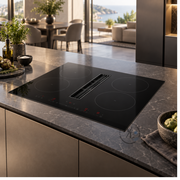 Midea 6F7488G427Y 60cm induction hob with integrated extractor in luxury kitchen