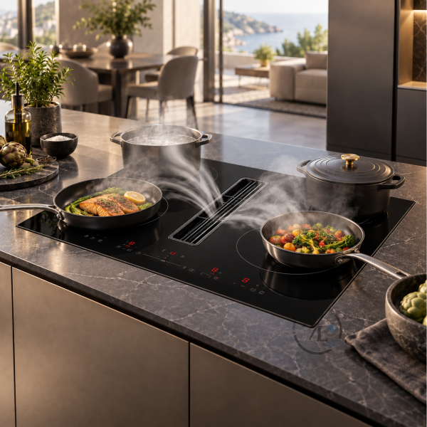Midea 6F7488G427Y induction hob with integrated extractor removing cooking steam