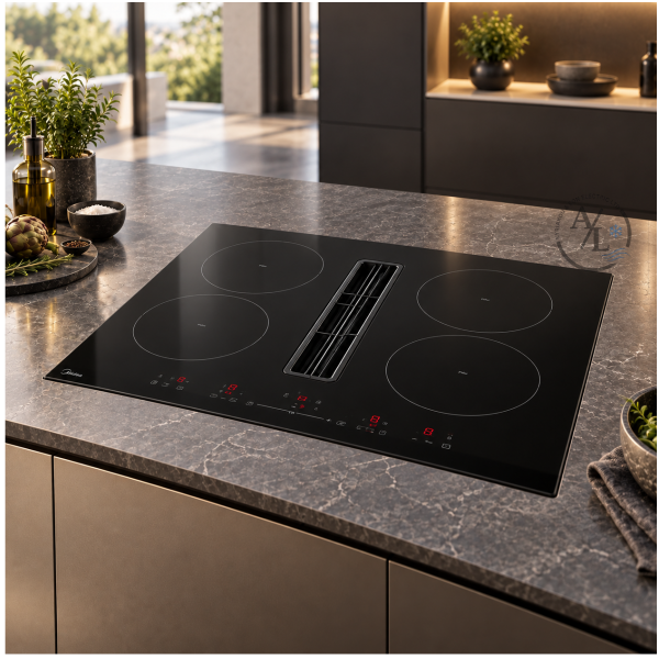 Midea 6F7488G427Y integrated downdraft extractor close-up on black induction hob