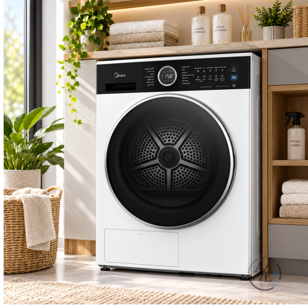 Midea MD205H100BW_W-CY 10kg heat pump dryer front viewin modern laundry room