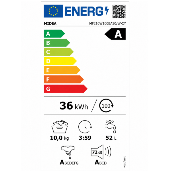 Midea MF210W100BA30W-CY 10kg washing machine Energy Class A label